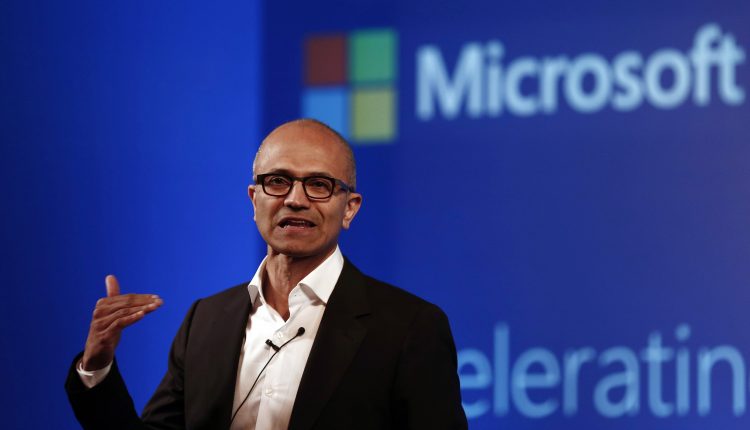Microsoft CEO Nadella addresses the media during an event in New Delhi